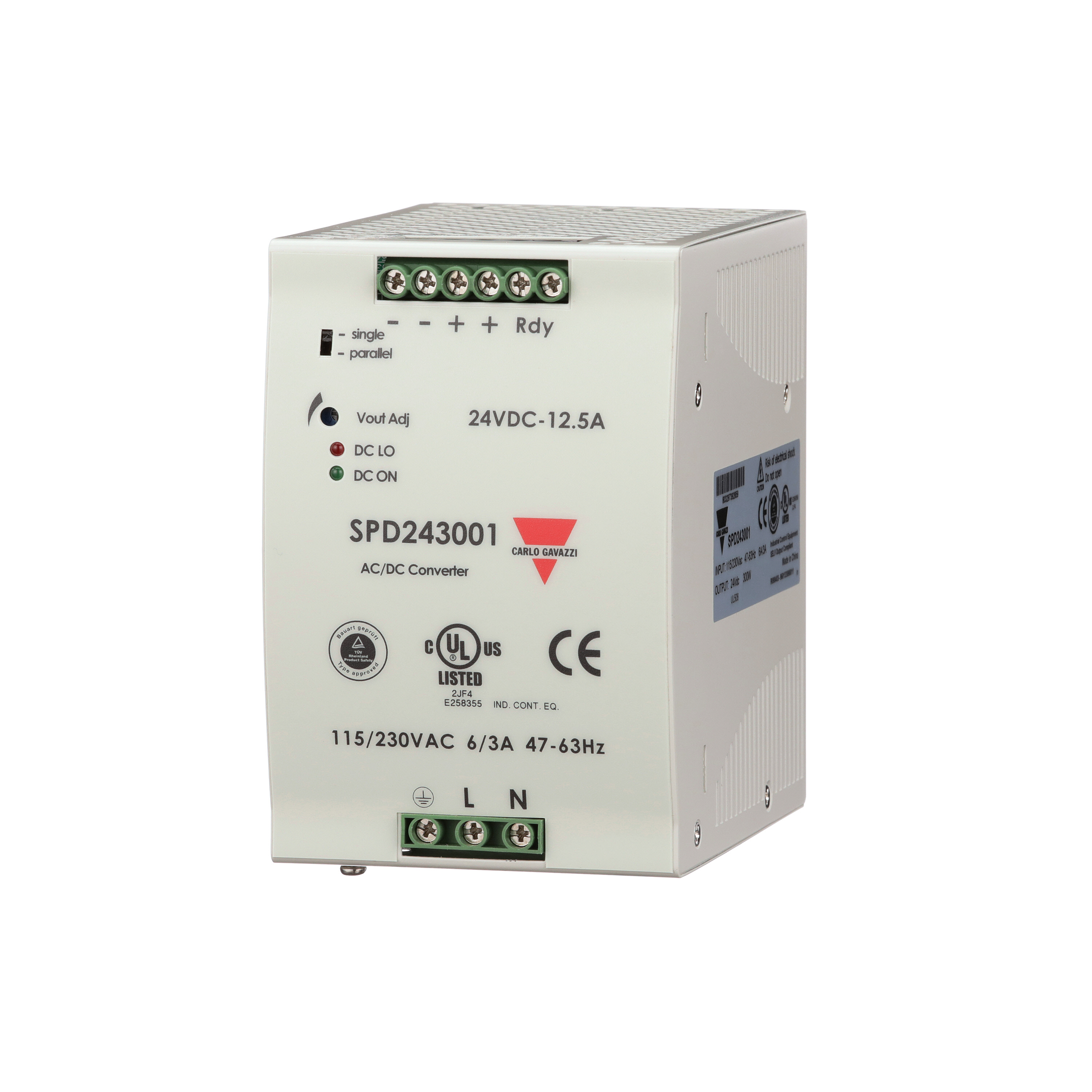 Carlo Gavazzi Switching Power Supply; 24VDC OUT; 12.5A; 90-132VAC / 180-264VAC / 210-375VDC IN; Single-Phase; DIN Rail Mount